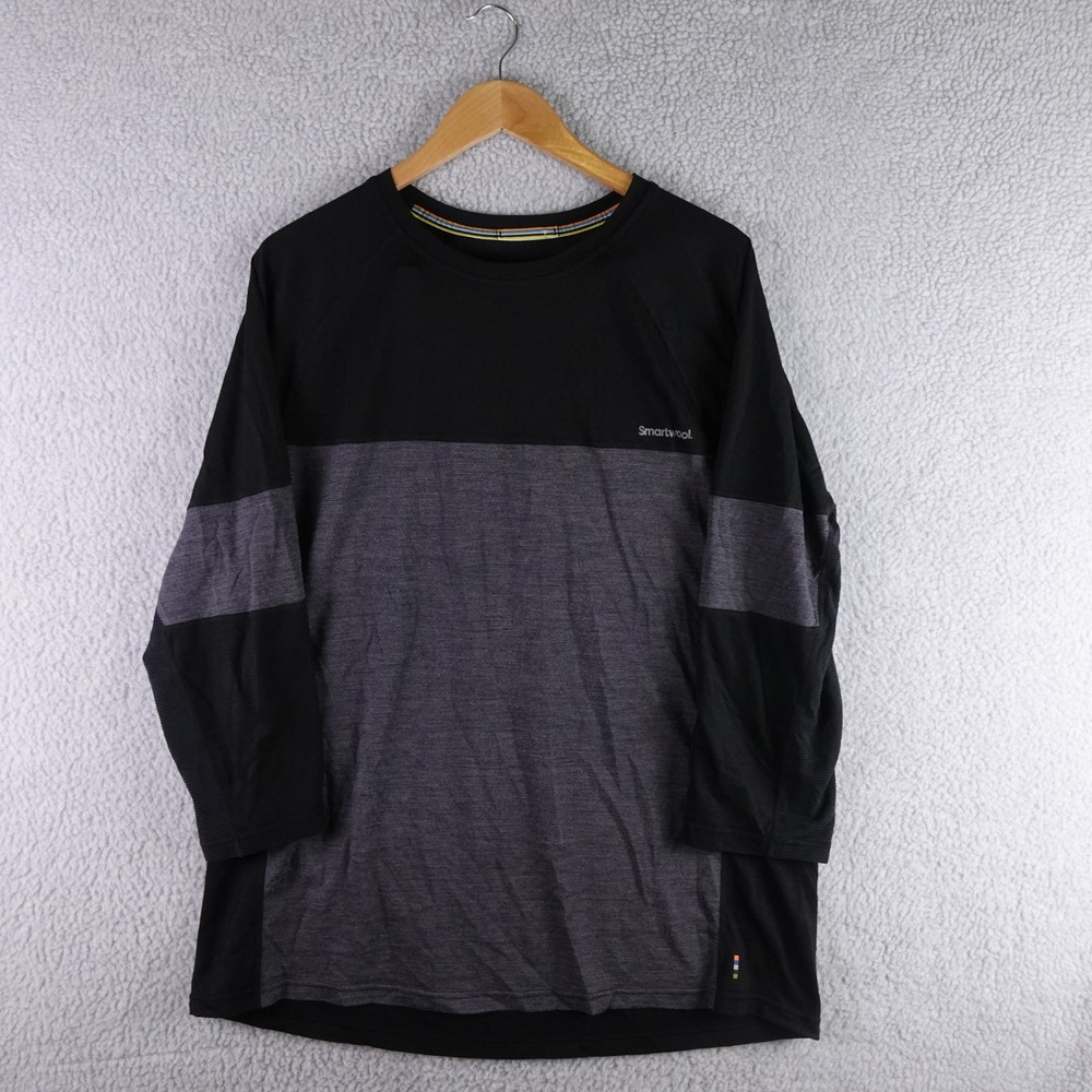 Smartwool Mens XL Merino Wool Long Sleeve Colorblock Base Layer Shirt Black Gray